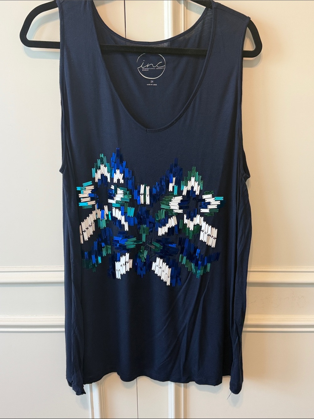 INC International Concepts Navy Sequin Floral Tank Top with Blue & Green Accents